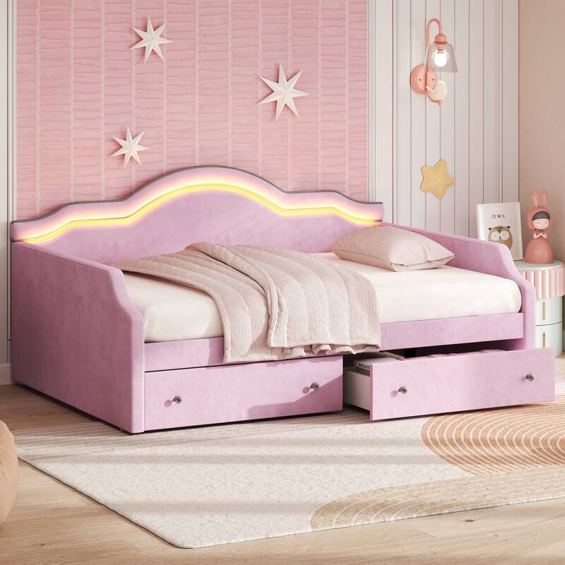 Upholstered Daybed with 2 Drawers, Wave Backrest Frame with Ambient Lighting, No Box Spring Needed Storage Sofa Bed