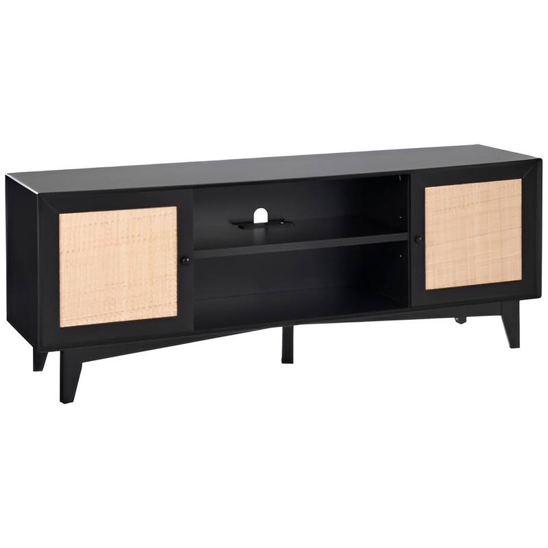 Rattan TV Stand for 75 Inch TV Mid Century Modern Cabinet with Storage - 17.4x17.4x13.8in - Black