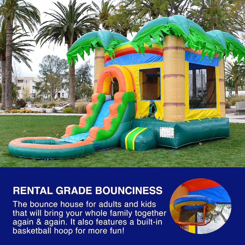 HeroKiddo Tropical Forest Commercial Grade Inflatable Bounce House & Water Slide Combo with Attached Pool & Air Blower for Kids