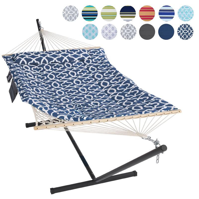 Hammock Double Hammock with Stand, Two Person Cotton Rope Hammock - 147.6(L)*52(W)*47.6(H) - Dark Blue