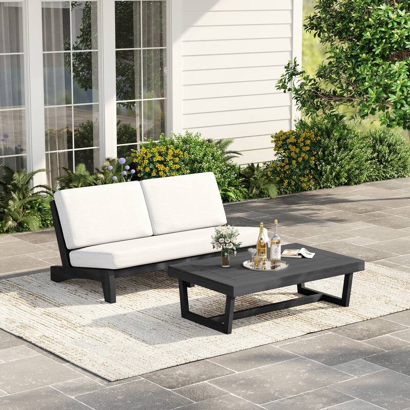 3 Seat Wood 64" W Cushioned Outdoor Patio Sofa with Coffee Table
