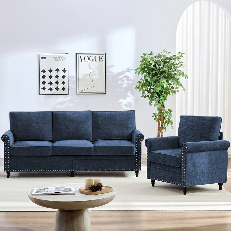 Mixoy Chenille Fabric 3-Seater Sofa Couch with Single Sofa Chair with Rivet Design,Solid Wood Gourd Legs for Living Room - 3+1