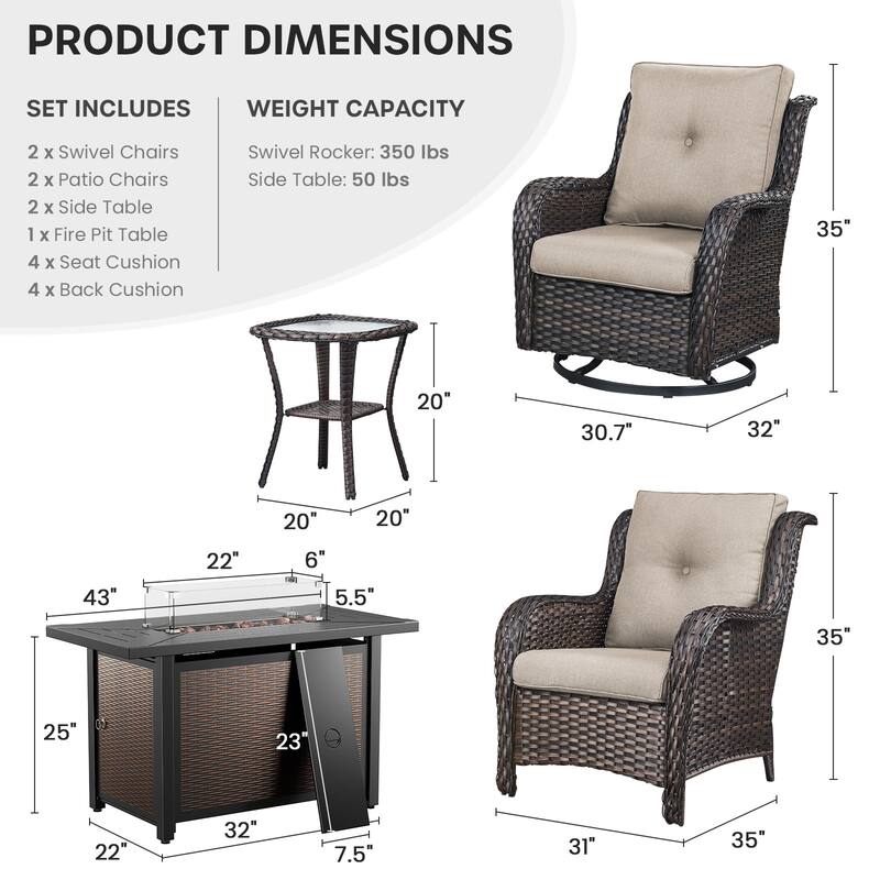 Gymojoy 7-Piece Outdoor Set with Fire Pit Table, Swivel Chairs & Side Tables for Patio