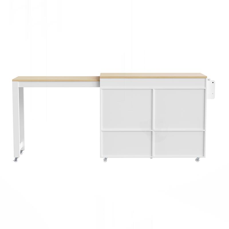 Kitchen Island with Extendable Dining Table , Rolling Kitchen Island on Wheels with Spice Rack and 2 Drawers