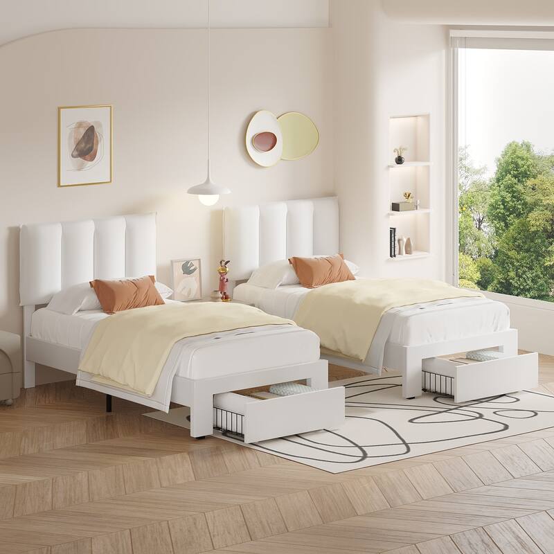 White Bed Frame with 4 Storage Drawers, Upholstered Platform Bed Frame with Adjustable Headboard