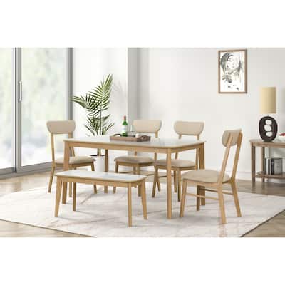 6 Piece Dining Table Set, Wooden Kitchen Table Set with Rectangular Table, 1 Bench and 4 Chairs with Padded Seats
