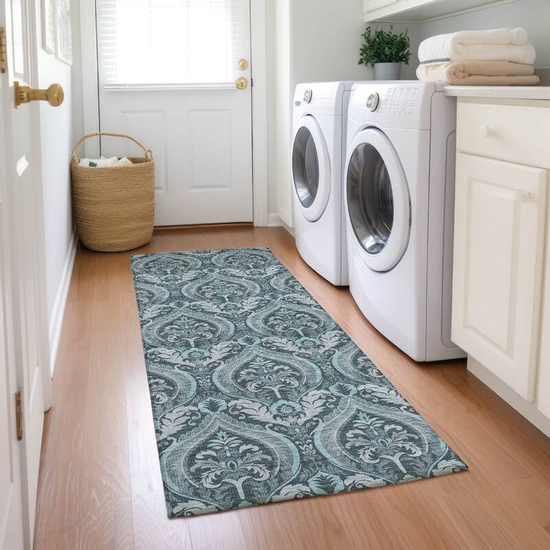 Machine Washable Indoor/ Outdoor Damask Chantille Rug - Teal - 2'3" x 7'6"