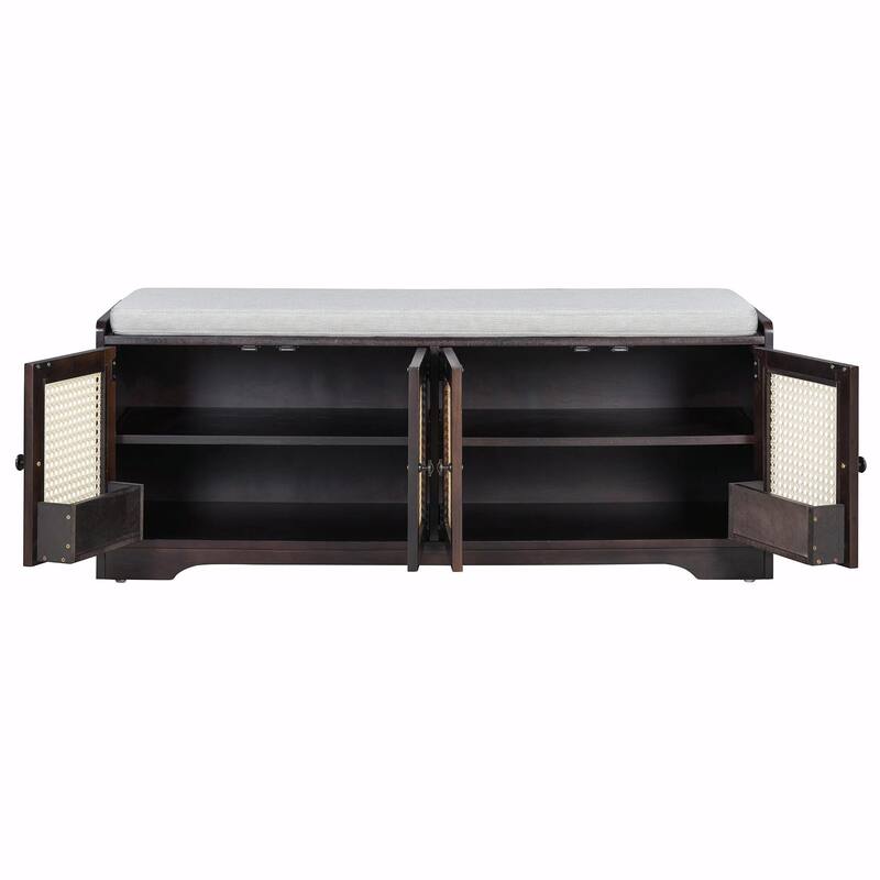 Rustic Storage Bench with Removable Cushion, Woven Rattan Doors & Adjustable Shelves