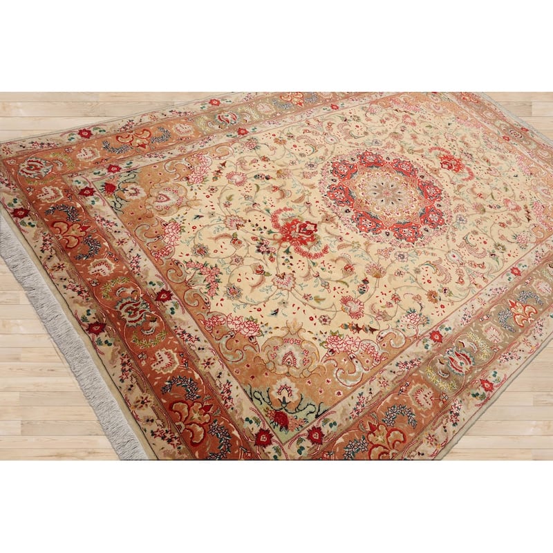 Hand Knotted Ivory Persian Wool & Silk Traditional Oriental Area Rug - 6' 7'' x 10' 2''