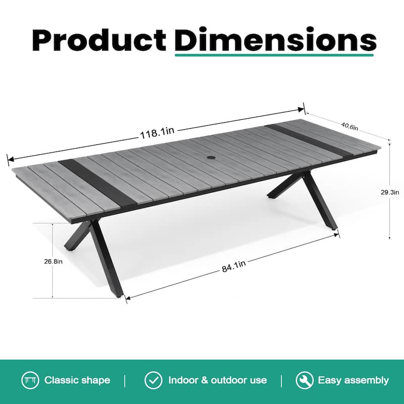 VredHom Aluminum Rectangular Outdoor Patio Dining Table with Umbrella Hole X Frame