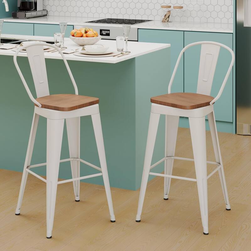 Swivel Counter & Bar Stools with Metal Frame Farmhouse 26" and 30" Seat Height Kitchen Barstools with High Back and Wooden Seat