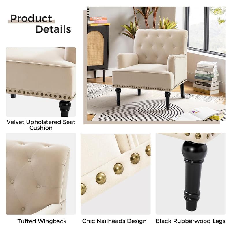Geltrude Transitional Upholstered Button Tufted Club Chair with turned wooden Legs by HULALA HOME