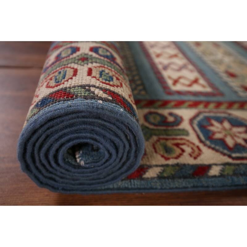 Light Blue Kazak Oriental Runner Rug Handmade Wool Carpet - 3'0" x 16'5"