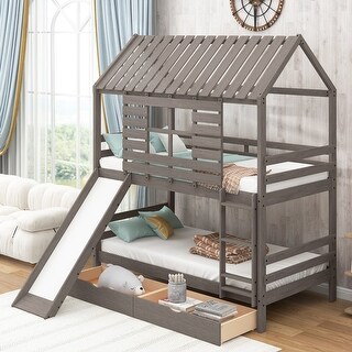 Twin over Twin Size House Bunk Bed with Convertible Slide and Two ...