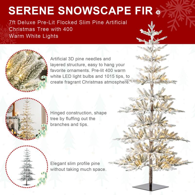 Glitzhome 6/7/9 FT Pre-Lit Flocked Slim Snowscape Fir Artificial Christmas Trees 2 or 3-Piece Set