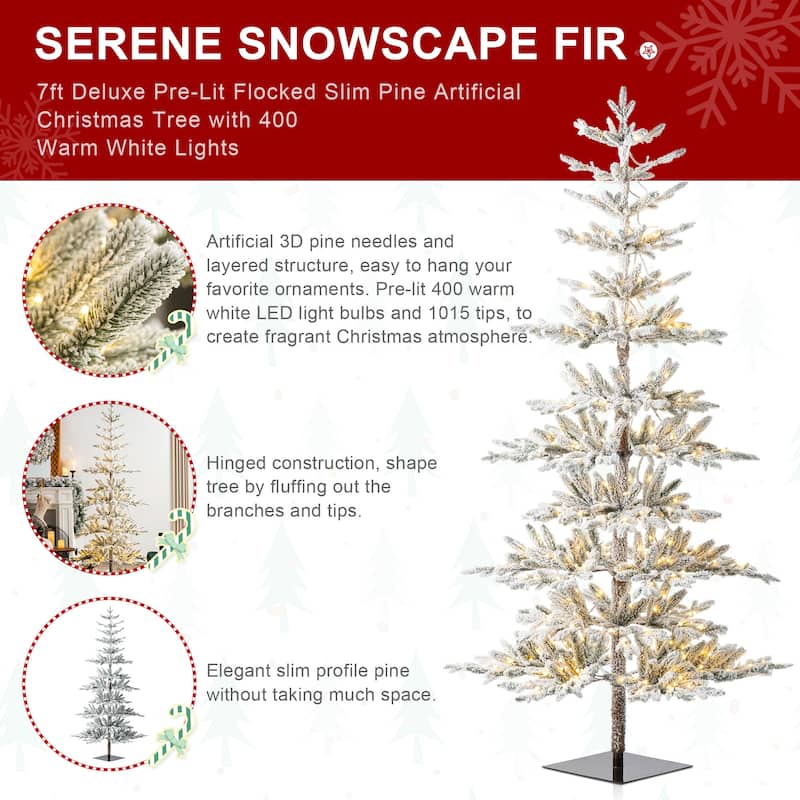 Glitzhome 6ft/7ft/9ft Deluxe Pre-Lit Flocked Slim Fir Artificial Christmas Tree with Warm White Lights