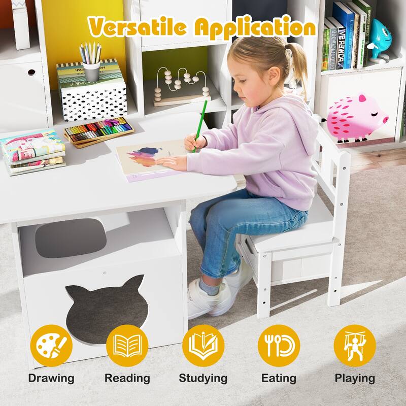 White Kids Table and Chair Set with Storage Bins Cat Shaped 2 in 1 Play and Study Furniture for Playroom or Bedroom
