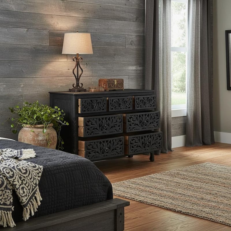 HomeRoots 57" Black Solid Wood Seven Drawer Dresser - Black - 7-drawer