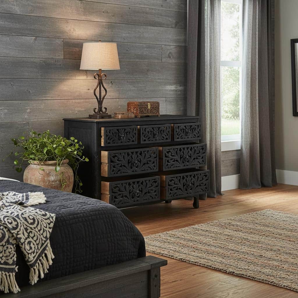 HomeRoots 57" Black Solid Wood Seven Drawer Dresser