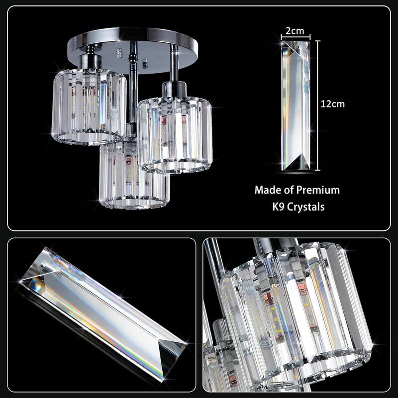 Modern 3-Light Crystal Semi Flush Mount Ceiling Light for Hallway Bedroom Bathroom