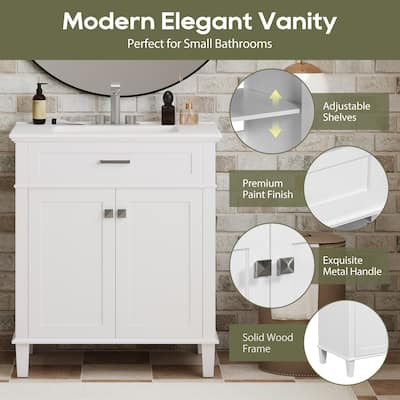 30" Bathroom Vanity with Ceramic Basin,White Bathroom Storage Cabinet with Soft Close Door, Solid Wood Frame - 30 Inch