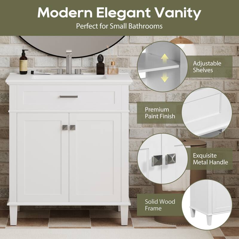 30-inch Bathroom Vanity With Ceramic Basin, Soft Close Door And Adjustable Shelves