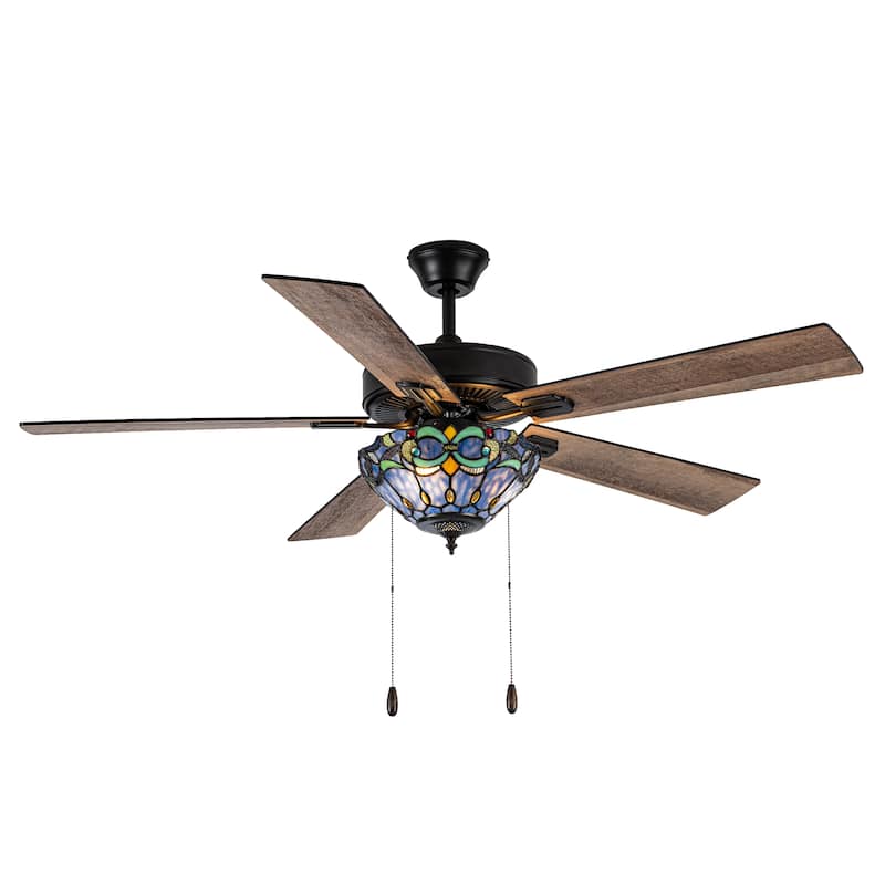 Della River of Goods Oil-Rubbed Bronze and Stained Glass 52-Inch 3-Light Remote-Controlled Ceiling Fan - Blue with Amber