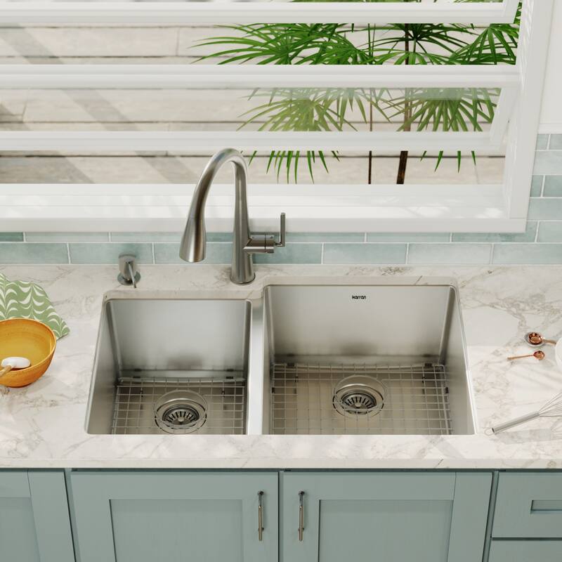 Karran Elite Undermount Stainless Steel 33 in. 16-Gauge Double Bowl KItchen Sink Kit