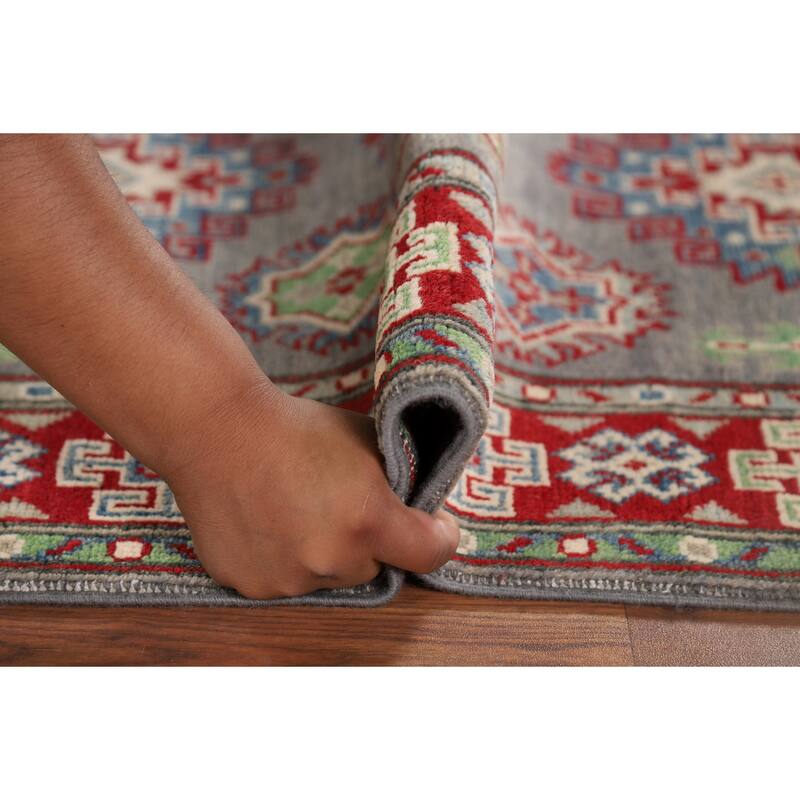 Gray Geometric Kazak Runner Rug Handmade Wool Carpet - 2'9" x 9'7"
