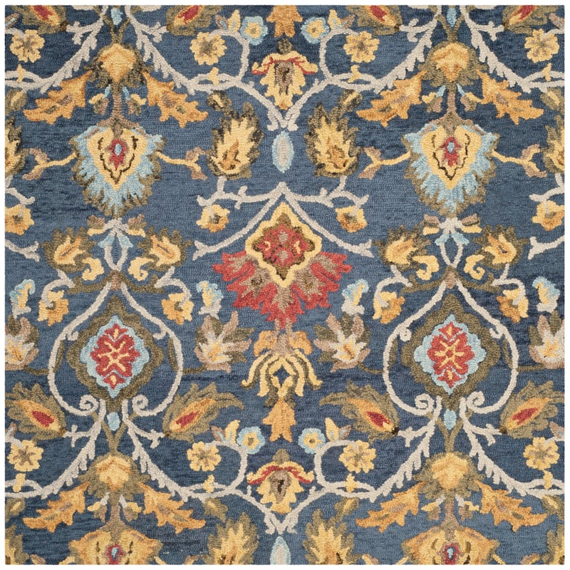 SAFAVIEH, Handmade Marietje Blossom French Country Wool Area Rug - 5' Square - Navy/Multi