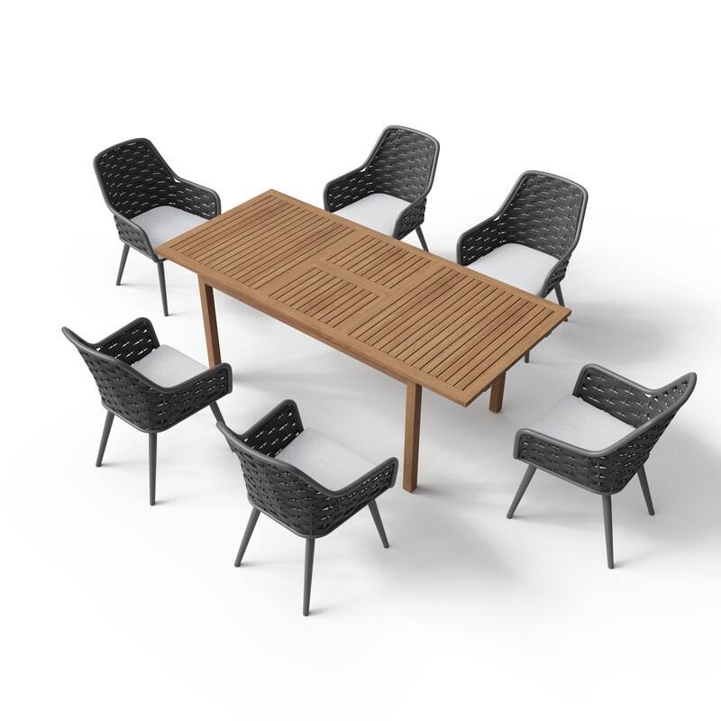 Outdoor Extendable Acacia Dining Set with 6 Rope-Back Chairs