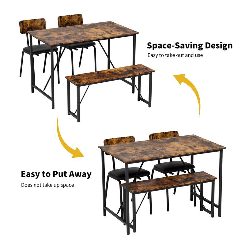 4 Piece Dining Table Set Room Table and 2 Chairs for 4 with Bench for Home, Living Room
