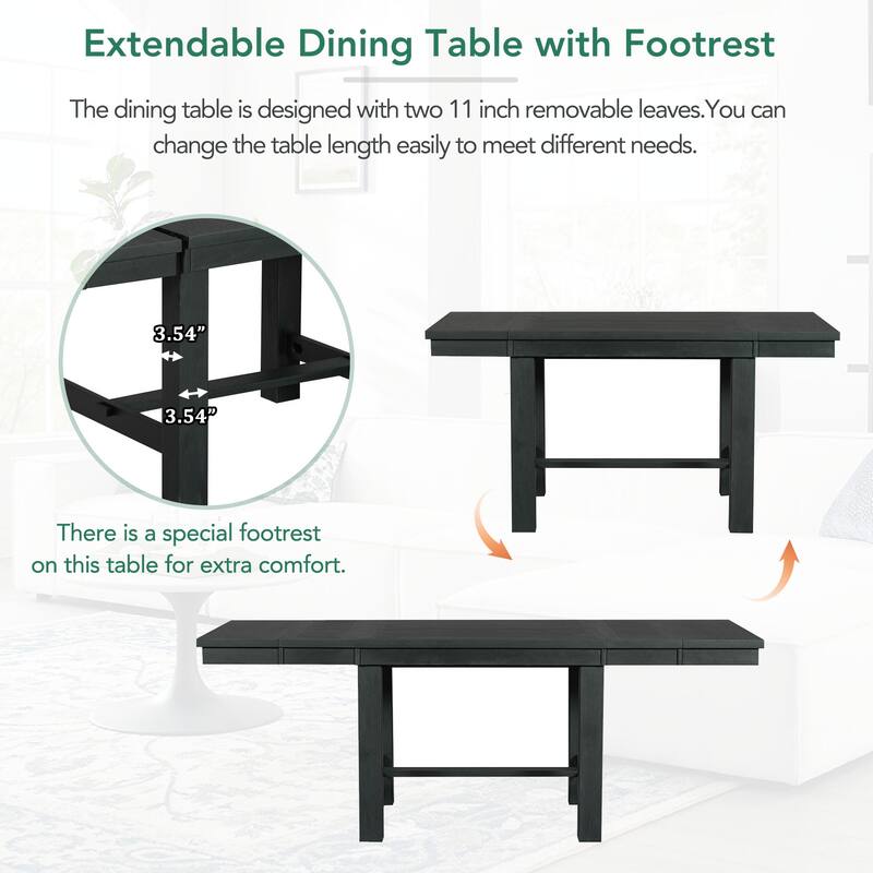 6-Piece Extendable Dining Table with Footrest, 4 Upholstered Dining Chairs and Bench, Kitchen Table and Chairs Set