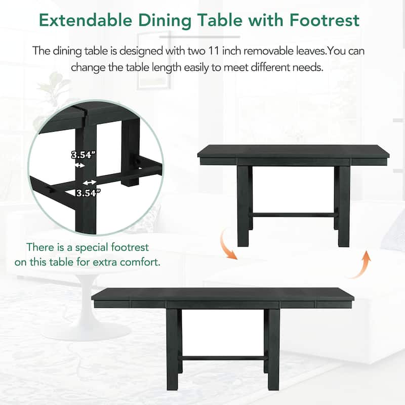 Roomfitters 82" Farmhouse Extendable 6-Piece Dining Table Set with Bench and 4 Upholstered Chairs, Two 11" Leaves