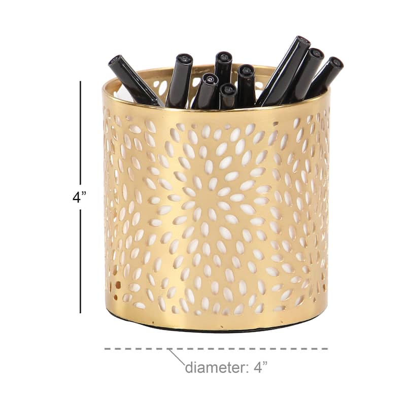 Metal Geometric Pencil Cup with Laser Carved Design - Gold - Roche River Decor