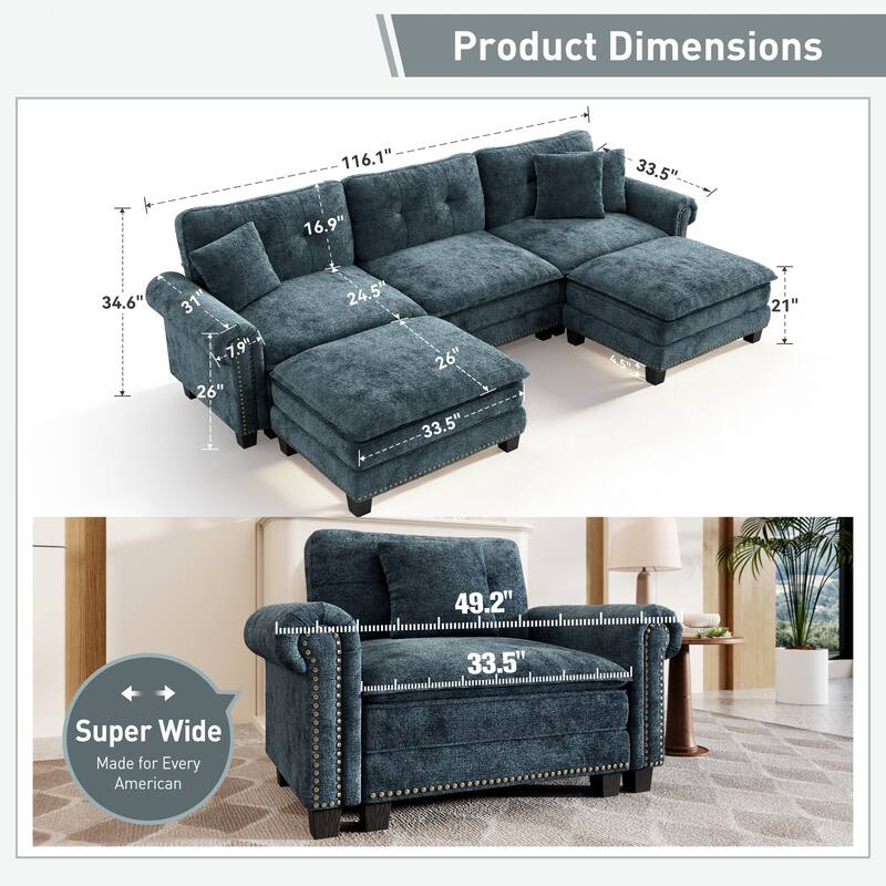 MAISON ARTS Mid-Century Modern Oversized L/U Shaped Cloud Couch with Ottoman, Deep Seat Sectional Sofa with Throw Pillows