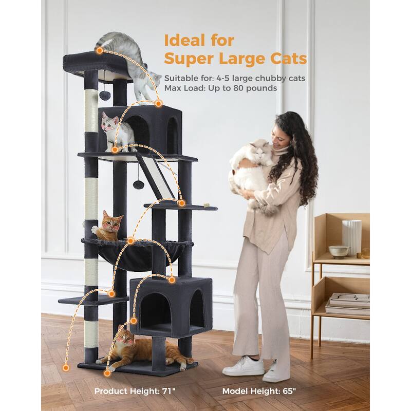 Indoor Large Cat Tree Multi-Level Cat House with 2 Big Condo Pad Bed, Hammock & Scratching Posts