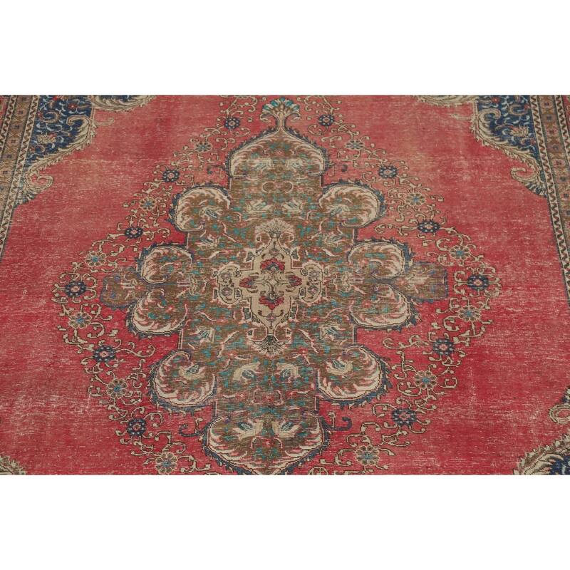 Distressed Tabriz Persian Vintage Rug Hand-Knotted Wool Carpet - 9'6"x 12'10"