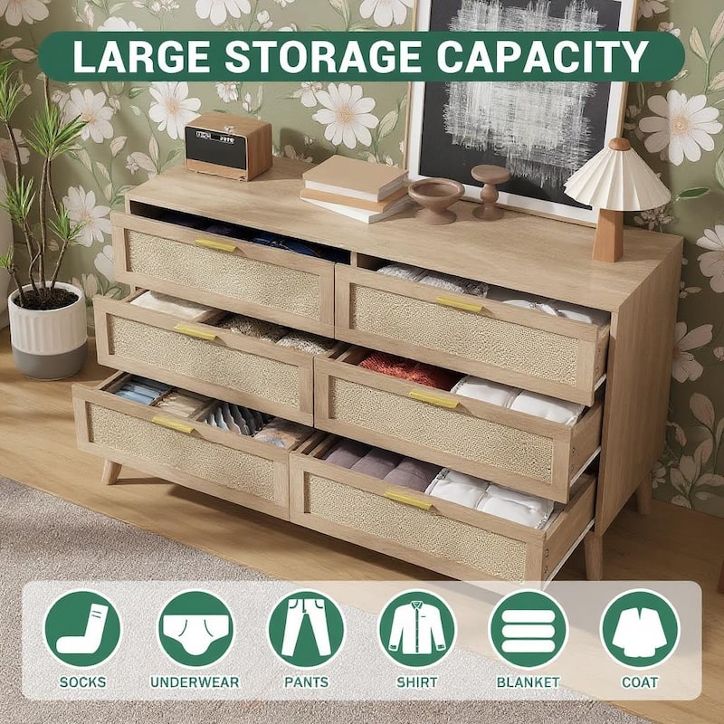 6 Drawer Rattan Dresser, with Handles