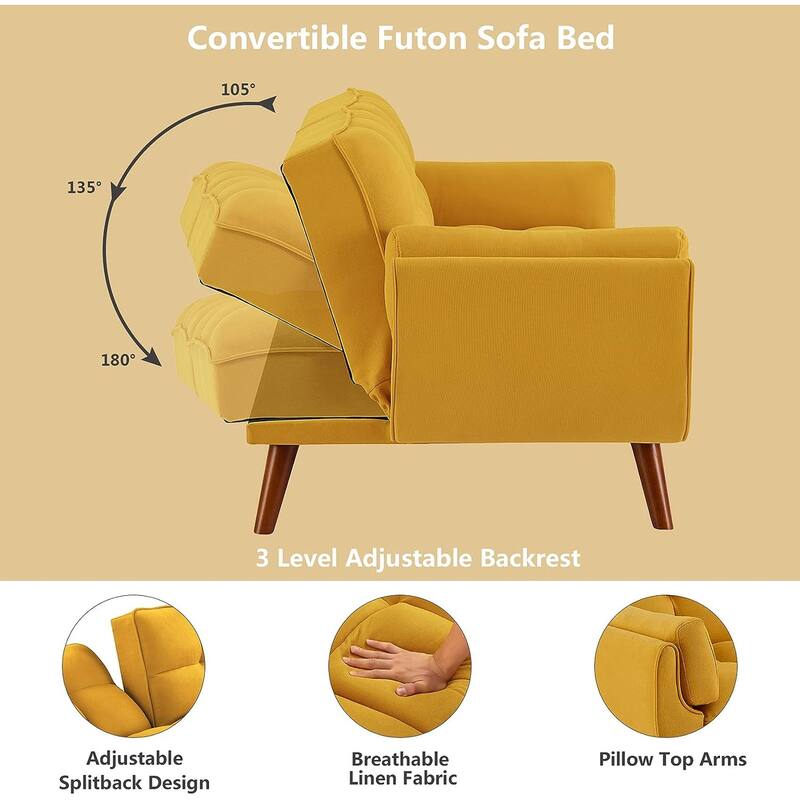 Futon bed Velvet Sofa, Adjustable Backrest Convertible Sleeper Futon Loveseat with Tapered Wood Legs for Living Room, Bedroom