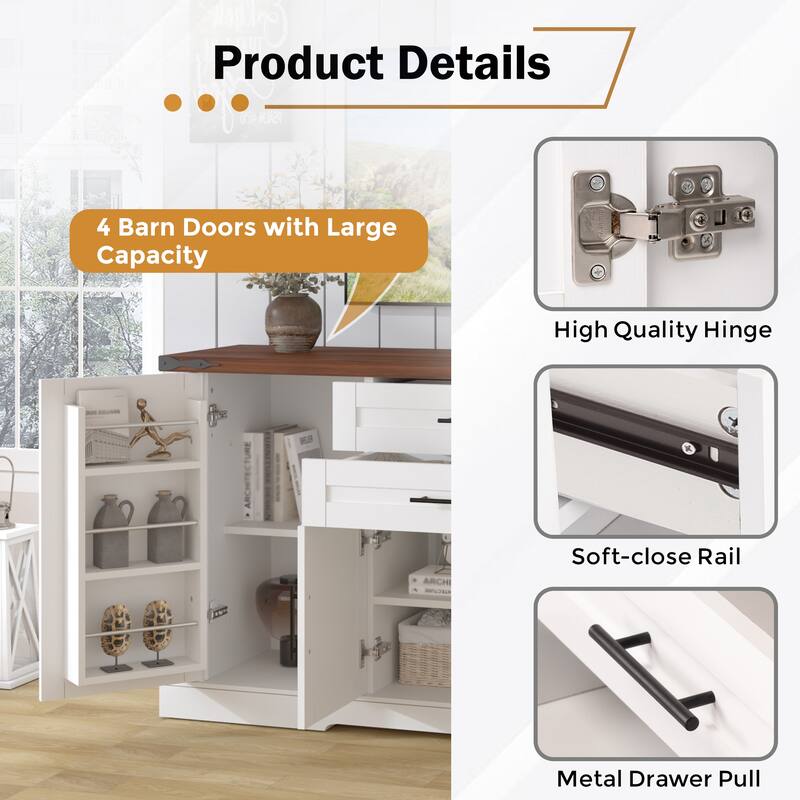 Farmhouse Storage Cabinet Buffet Sideboard with Barn Doors, 2 Drawers, Adjustable Shelves & Door Racks, Coffee Bar Console