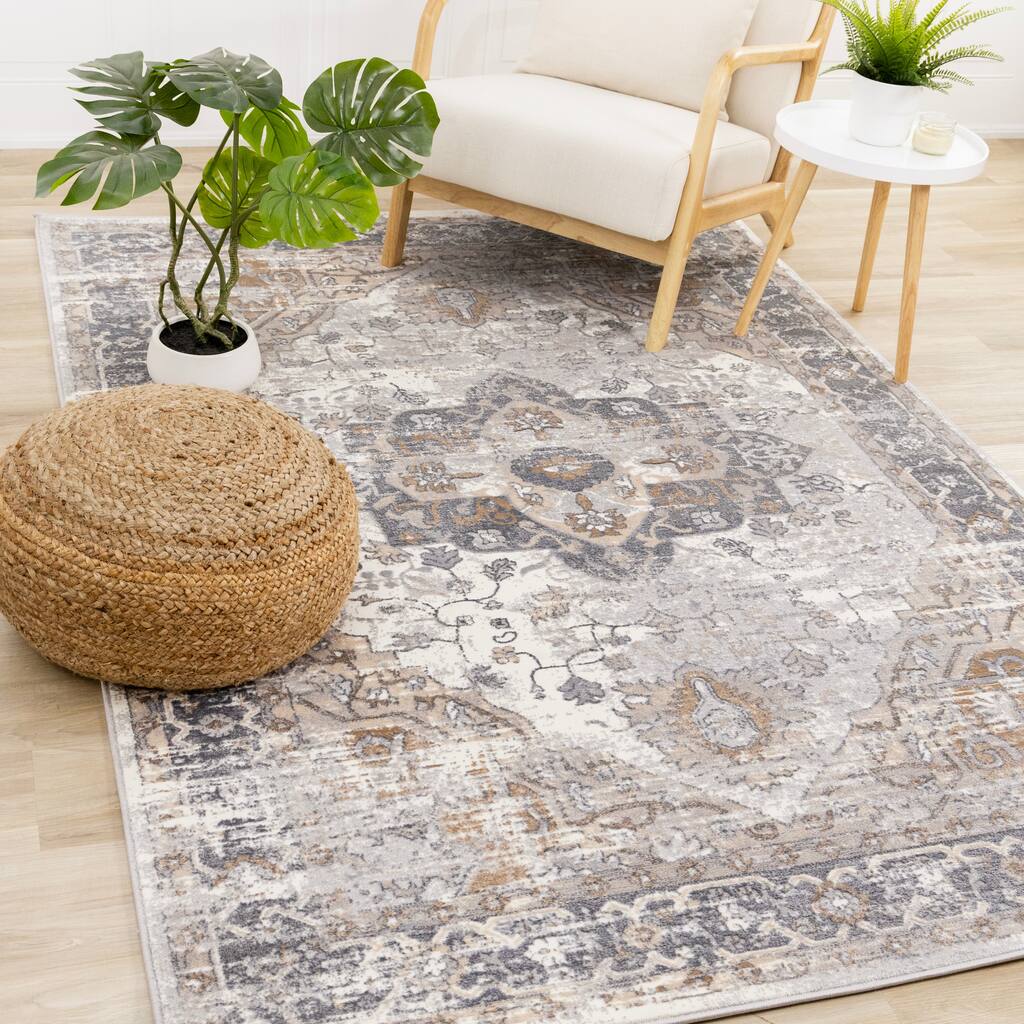 Emmett Collection - Sleek Soft Low-Pile Taupe White Traditional Rug
