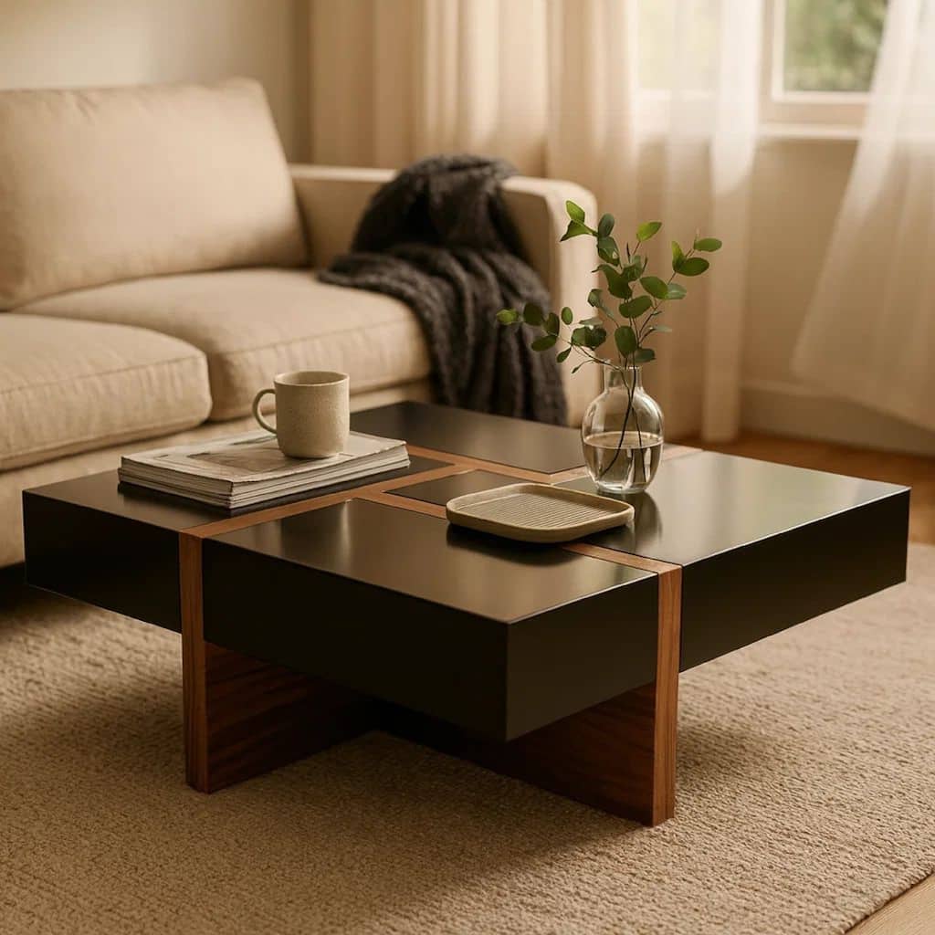 Square Top Wooden Coffee Table with 4 Drawer Storage, Brown and Black