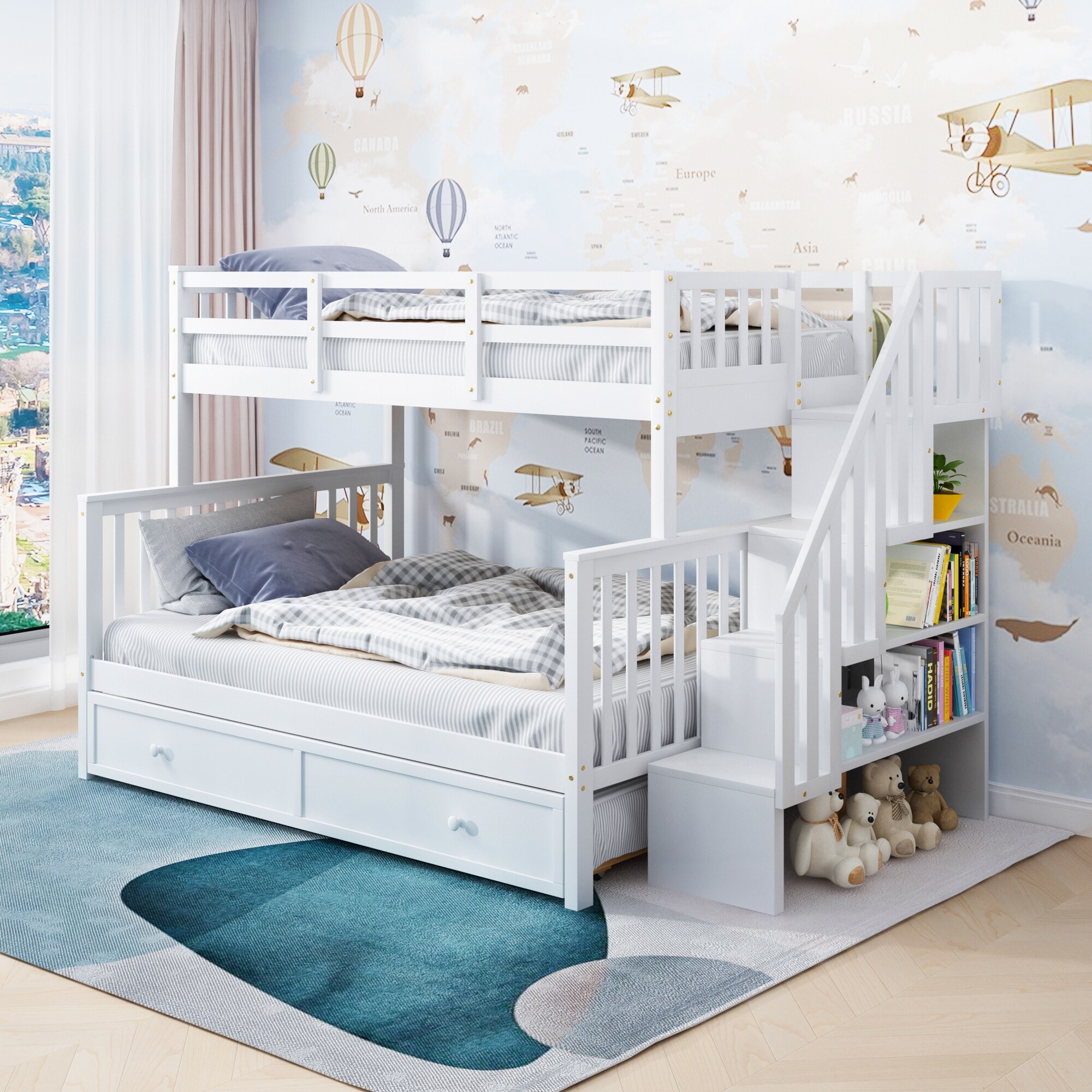 Twin Over Full Bunk Bed with Twin size Trundle Storage and Guard