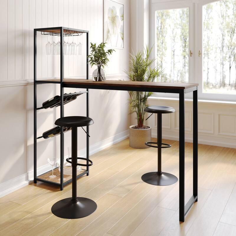 Modern Freestanding Metal Bar Table with Bottle and Stemware Storage