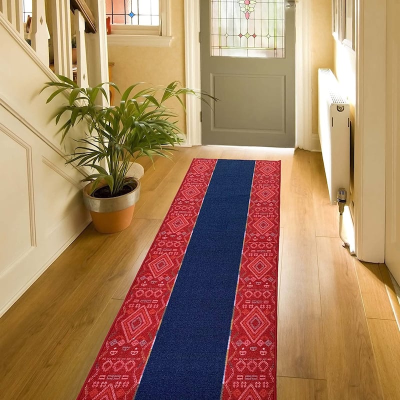 Custom Size Southwestern Border 26 Inch Wide Non-Slip Stair Runner Rug - 17 Feet - Navy&Red