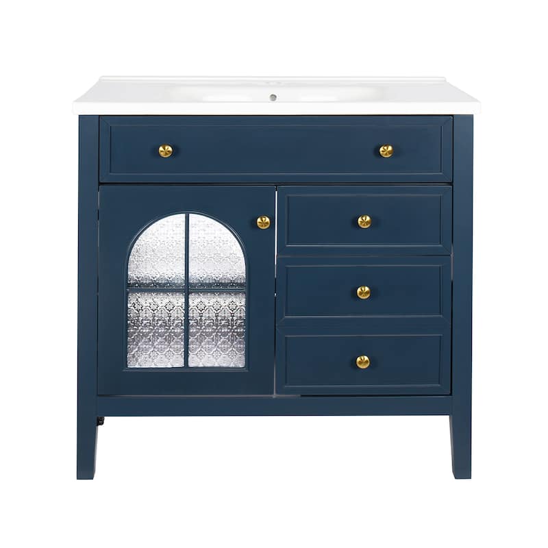 35.6-Inch Mid-Century Bathroom Vanity Sink with Patterned Glass & Motion-Sensor Light Strip, High-End Vanity Cabinet