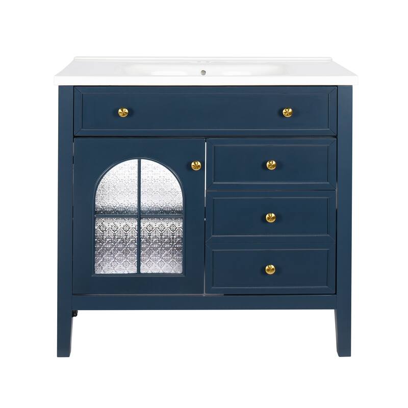 Freestanding 36" Bathroom Vanity Sink Cabinet with Motion-sensor Light Strip, Patterned Glass & Drawers