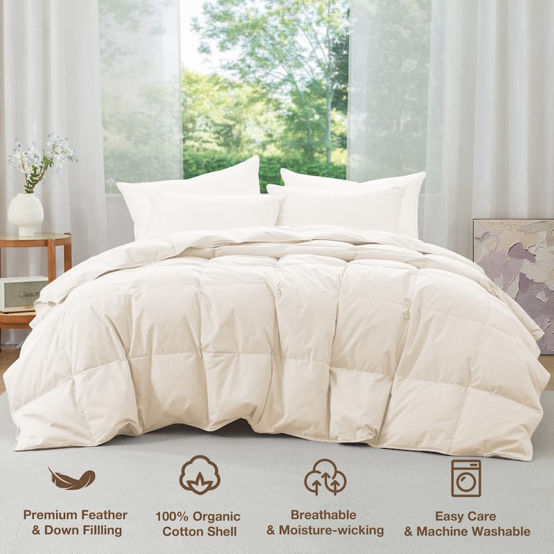 Lightweight 100% Organic Cotton Feather Down Comforter Summer Duvet Insert - King - Off-White