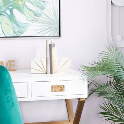 CosmoLiving by Cosmopolitan White Marble 8 lbs Geometric Decorative Bookends with Gold Inlay (Set of 2)